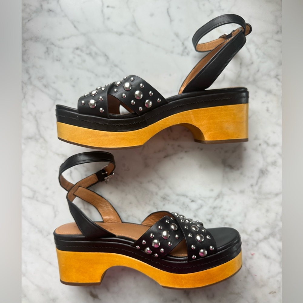 Coach Chunky Platform Sandals – Black Studded Straps, Silver Logo Charm, Size 8